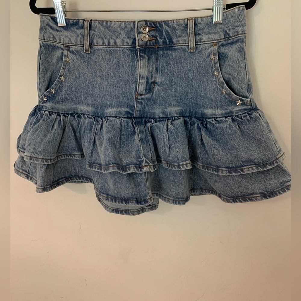 Social Collision Mini Booty Skirt Womens L Studded Tiered Ruffle Denim 20514918